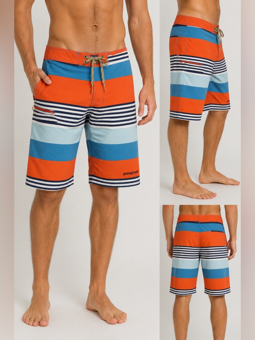 Patagonia Men’s Board Shorts Size 32 Orange Blue Striped Surf Swim Trunks